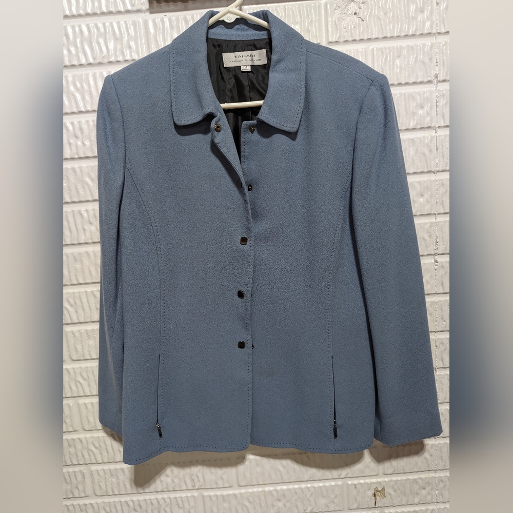 Tahari women's jacket size 16, blue/gray snap closure